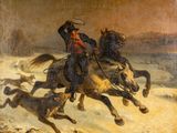 un tableau représentant un homme à cheval poursuivant un chien
