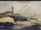 painting of a beach scene with boats and a lighthouse in the distance