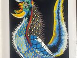 painting of a blue dragon with yellow and red feathers on a black background