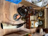 a wooden table with a lot of items on it