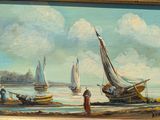 a painting of a man standing in front of boats on the water