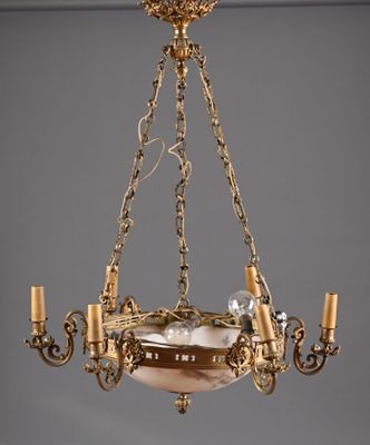 une image d'un lustre dont la coupole en verre est suspendue au plafond