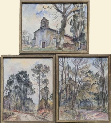 trois tableaux représentant des arbres et une église dans un cadre boisé