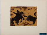 une image représentant un homme à cheval poursuivant un taureau