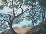 un tableau représentant des arbres sur une colline au bord de l'eau