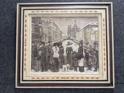 peinture d'un groupe de personnes devant un bâtiment