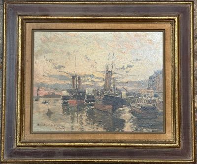 an image of a painting of a harbor scene with boats in the water