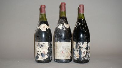 trois bouteilles de vin sont posées sur une table devant un fond blanc