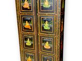an image of a wooden cabinet with pictures on the doors