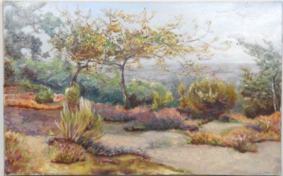 peinture représentant un paysage avec des arbres et des buissons au premier plan