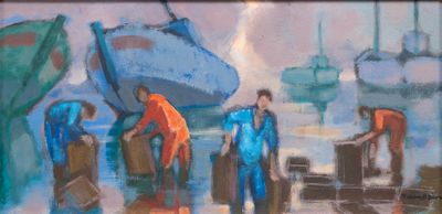 a painting of a group of people standing in front of a boat