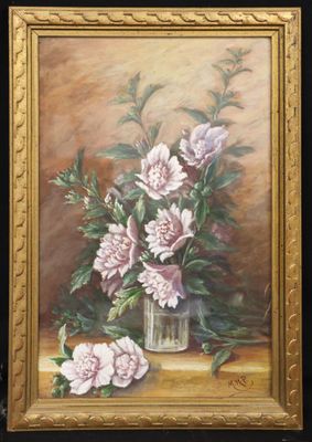 painting of pink flowers in a glass vase on a table