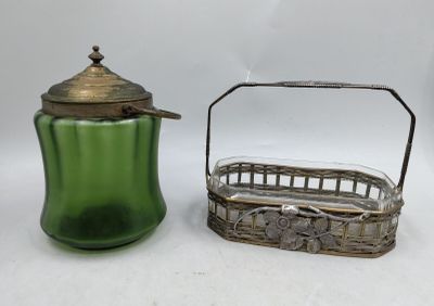 a green glass container and a green glass jar
