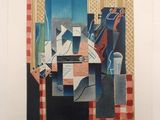 an image of a painting of a table with a guitar and a vase