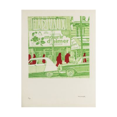 une image représentant un dessin en vert et blanc d'une voiture garée devant un magasin