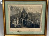 an old picture of a group of people gathered around a building