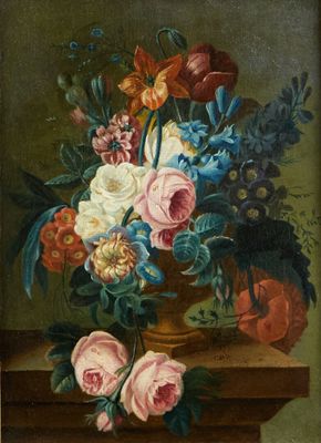 une image d'une peinture de fleurs dans un vase sur une table