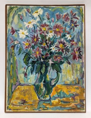 a painting of flowers in a vase on a table