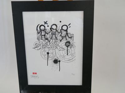 a black and white drawing of a group of people in a frame