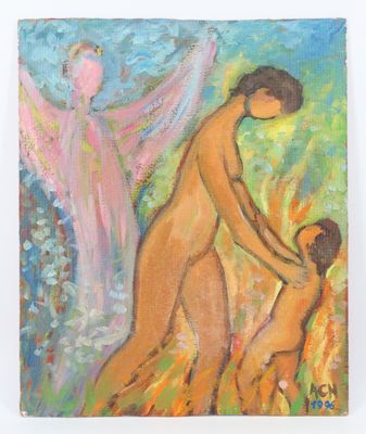 une peinture à l'huile représentant deux femmes et un enfant dans un champ