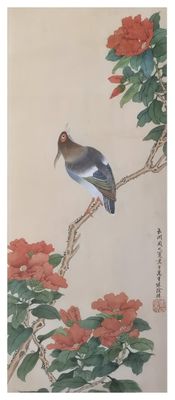 painting of a bird perched on a branch of a tree with red flowers