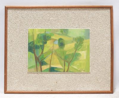 a painting of a green and yellow landscape with trees in the foreground