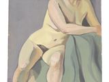 tableau représentant une femme en robe jaune assise sur une couverture verte