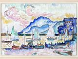 a watercolor painting of boats in a harbor