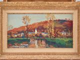 an image of a painting of a landscape with a river in the foreground