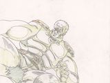 dessin représentant un homme à moto, portant un casque