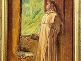 an oil painting of a man standing in a doorway looking out of a window