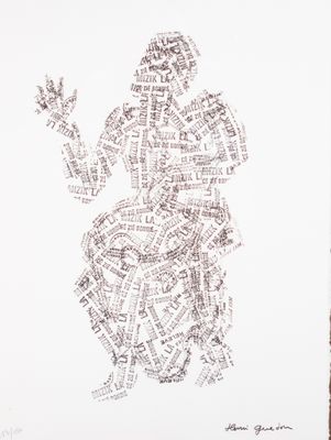 un dessin représentant une femme vêtue d'une robe composée de mots