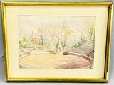 framed watercolor painting of a park with benches and trees