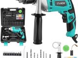 une perceuse sans fil avec ses accessoires et son coffret, sur fond blanc