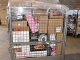 a large metal cart with boxes on it in a warehouse
