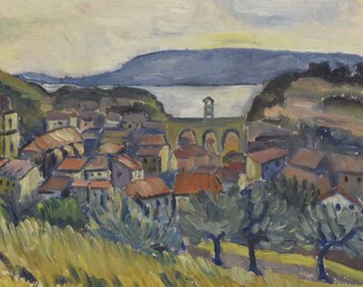 tableau représentant une vue d'une ville avec un lac au loin