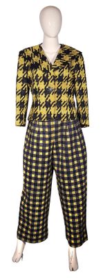 an image of a mannequin wearing a yellow and black checkered shirt and pants