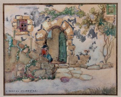 an image of a painting of a woman and a dog outside of a house