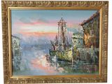 an oil painting of a harbor scene with a boat in the water