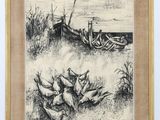 a black and white drawing of a boat on the beach