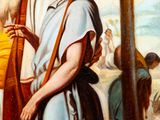 painting of a man and a woman standing next to each other in front of a building