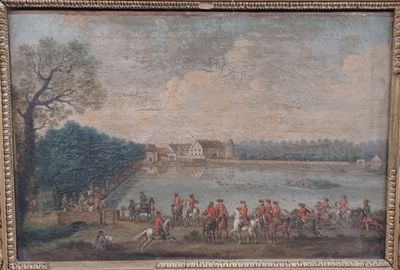 painting of a group of men riding horses near a body of water