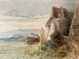 a painting of a castle on the side of a hill