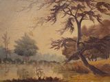 a painting of a tree in a field next to a body of water