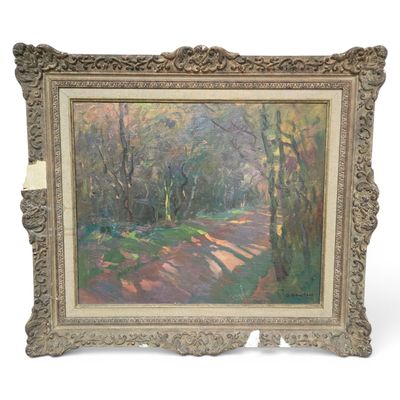 an oil painting of a path in a wooded area with trees