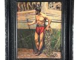 une peinture à l'huile représentant un homme tenant un filet de pêche et se tenant debout devant un bateau