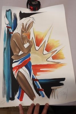 tableau représentant une femme en maillot de bain tenant une feuille de papier