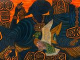 un tableau représentant un oiseau survolant un groupe de personnes
