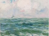 une peinture à l'huile représentant un bateau au milieu d'une vaste étendue d'eau