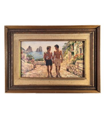 un tableau représentant un couple marchant sur un sentier avec un chien